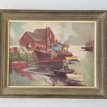1970's Mayes Boats Harbor Landscape Oil on Canvas Painting 