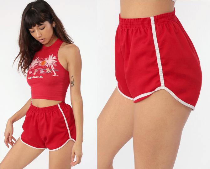 70s High Waisted Athletic Shorts Small XS Red and White retro