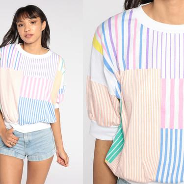 Striped Rainbow Top 80s Shirt Striped Blouse Slouch Short Sleeve Shirt Slouchy 1980s Vintage Retro White Large L 