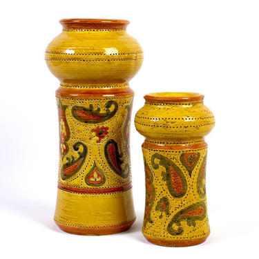 Pair Bitossi Vases (As-Is) - Goldenrod Yellow - Aldo Londi Italy - Rosenthal Netter / Raymor Imports - Amoeba Pattern - Mustard Green Orange 
