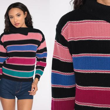 80s Striped Sweater Asymmetrical Collar Pink Black Blue Magenta Teal Jordache Pullover Turtle Neck 1980s Vintage Knitwear Retro Small Medium 