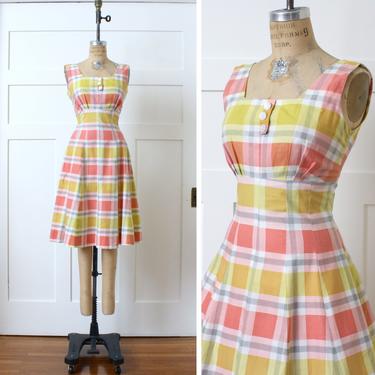 vintage 1950s dress • colorful plaid cotton • nipped waist peach &amp; melon dress 