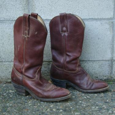 Frye Cowboy Boots Distressed Vintage 1980s Rich Deep Burgundy Brown Men's size 8 1/2 