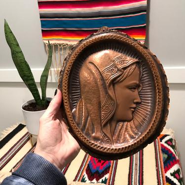 Vintage Copper Virgin Mary Wall Relief Plaque; Religious Cooper Wall Art Unique Rustic Relgious Relics 