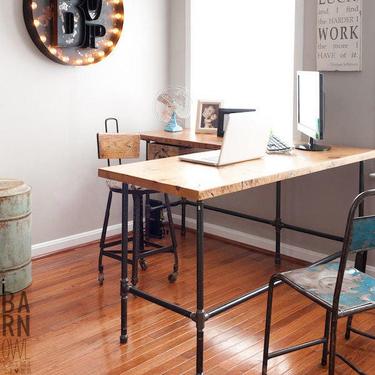Vintage Wood Desk in L shape with iron pipe legs in choice of size, height, wood thickness and finish 