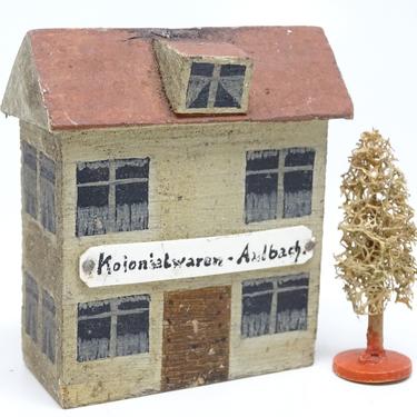 Vintage Toy German Storefront House with Tree, Hand Made of Wood and Hand Painted Antique Erzgebirge Toys 