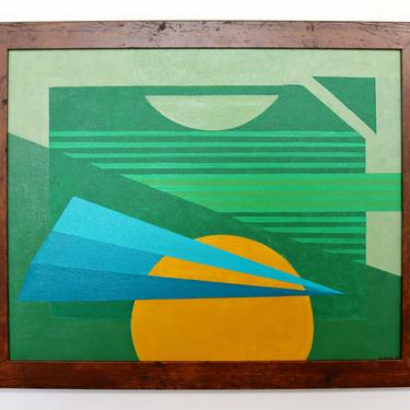 Contemporary Modernist Framed Gunda Hass Signed Acrylic Painting Green Yellow 