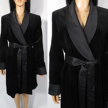 Vintage 90s Black Velvet With Satin Cuffs And Collar Smoking Jacket Robe Size S 
