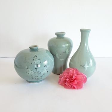 Vintage Celadon Vase Set, Three Small Korean Pottery Vases, Mixed Shapes and Sizes 