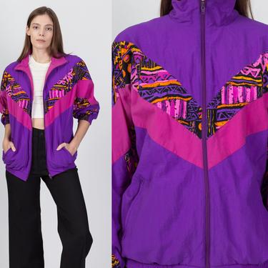 80s 90s Purple &amp; Pink Striped Windbreaker - Large | Vintage Zip Up Color Block Streetwear Jacket 