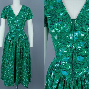 1950s Cotton Zip Front Dress | Vintage 50s 'Jerry Gilden' Green Abstract Print Day Dress with Full Skirt | medium 