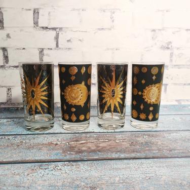 Rare Vintage Fred Press Set of 4 Mid Century  Black and Gold Collins Glasses - Eclipse Pattern - Celestial Barware 