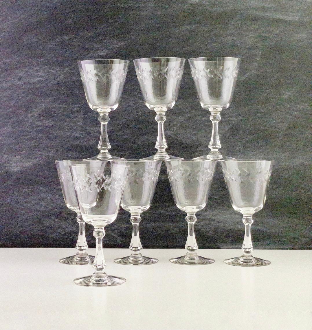 4 Vintage Etched Crystal Wine Glasses, Cambridge, 1940's, Crystal Water  Goblets