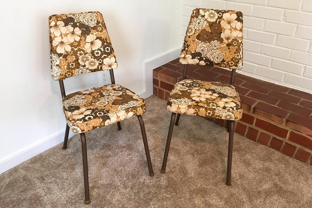 Set of Two (2) Vintage Brown Floral Vinyl Chairs with Metal Check Engine Vintage Washington, DC