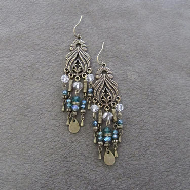 Crystal chandelier earrings, teal and brass earrings, boho chic earrings, gypsy earrings, unique earrings, bling, long statement earrings 