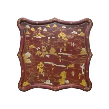 Chinese Ox Blood Red Brown Lacquer Golden Scenery Square Tray Display Art cs7213E 
