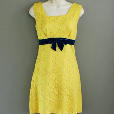 Canary Yellow - 1960's -  Lace Mini - Royal blue velvet - Mod - Retro Hipster - Cocktail - Party Dress 