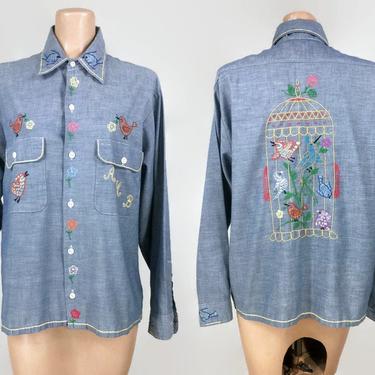 VINTAGE 70s Hand Embroidered Birds Big Mac Button Down Collared Chambray Work Shirt | 1970s Unique Birdcage Blouse | Sparrows Flowers Hippie 