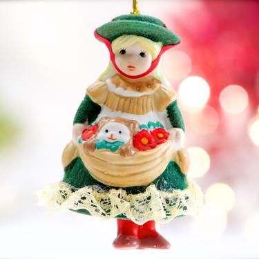 VINTAGE: 1980's - Jasco Heirloom Doll Ornament in Box - Bisque Porcelain Velvet Ornament - Lil Chimers - SKU 26-B-00033142 