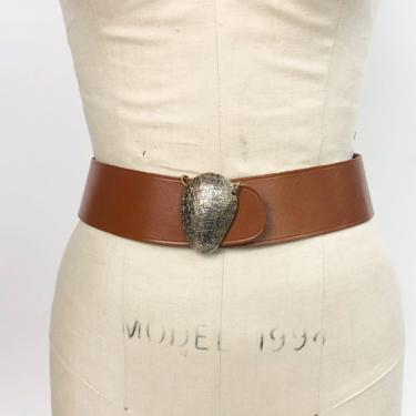 Vintage 1950s Hieroglyphic Buckle &amp; Leather Belt by Calderon, Mixed Metal Belt Buckle Vintage 50s Belt, Hook Closure Belt, Size 30&amp;quot; Waist by Mo