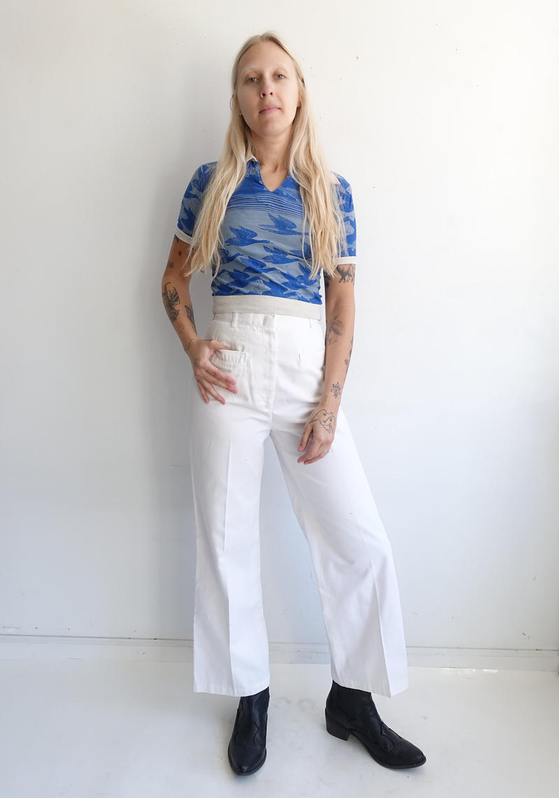 Vintage top 30 Waist White Tie back Sailor Trousers | High Waist Wide Leg Workwear Pants | P1