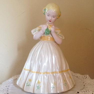 Vintage Ceramic Pretty Girl Holland Figurine Yellow Holding flowers Hand Painted-1950's 