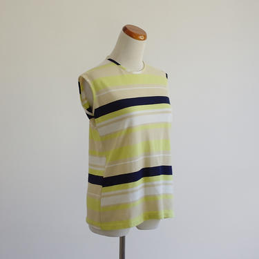 Vintage Striped Tank, Lime Green Navy Beige Shell Top,  60s 70s Sleeveless Blouse Shirt, Medium Large 