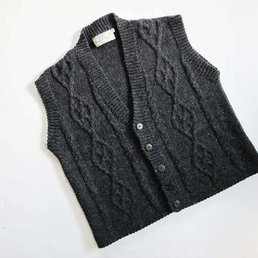 Vintage Knit Vest Large  L - 1970s Cable Knit Vest - Charcoal Gray  Knitted Button Down Vest - Wool Vest - 70s Clothing 