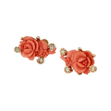 PRISTINE 1940s Carved Celluloid Coral Rose Earrings - 1940s Carved Celluloid Earrings - 1940s Screwback Earrings - 1940s Rose Earrings 