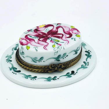 Vintage Peint Main Limoges France Floral Ribbon Patten Hat Trinket Box Hand Painted 