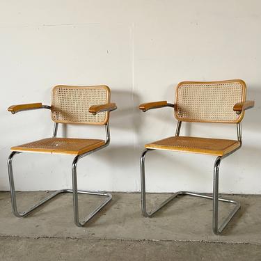 Pair Vintage Modern Cane Back Dining Chairs 