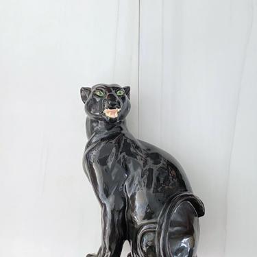 Vintage Large 22" Tall  Hand Painted Black Puma Panther Leopard Jaguar Figure 1970s Floor Pottery Ceramic 