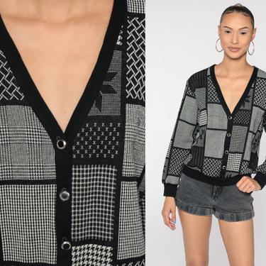 Patchwork Cardigan Sweater 80s GEOMETRIC Print Fair Isle Grey Black Button Up Checkered 1980s Grandpa Snowflake Vintage Medium 