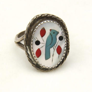 Vintage Zuni Sterling Silver &amp; Stone Inlay Bird Ring Turquoise Mother Pearl Sz 7 