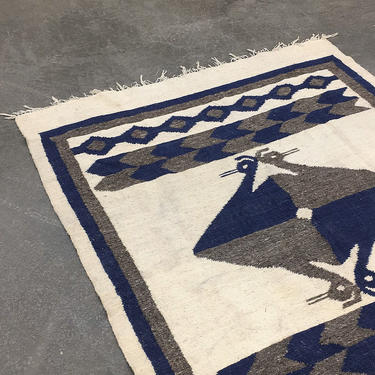 Vintage Area Rug 1990s Retro Size 77x61 Southwestern + Rectangular + Wool + Creme + Gray + Navy Blue + Bird Print and Border + Floor Decor 