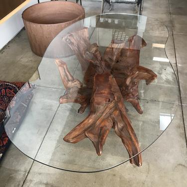 Vintage Cedar Root Table with Kidney Glass Top
