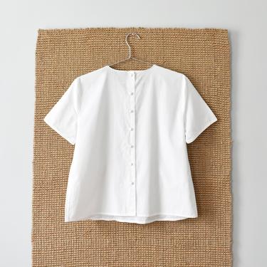 vintage button back top, white cotton short sleeve blouse, size M 