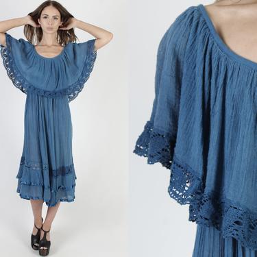 Ocean Blue Cotton Gauze Dress / 80s Plain Crochet Beach Dress / Lightweight Sun Dress / Sheer Crochet Lace Ruffle Tiered Mexican Midi Maxi 