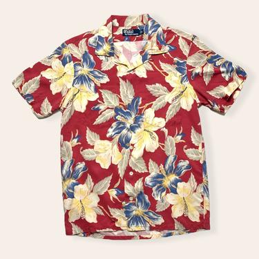 Vintage POLO Ralph Lauren Hawaiian Shirt ~ S ~ Aloha ~ Rockabilly / Tiki / Atomic / VLV ~ Floral Print ~ Viscose / Rayon 