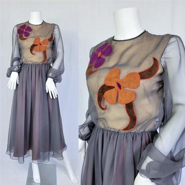 1980's Grey Chiffon Harold Levine Dress I Floral Appliques I Sz Med I Hippie Glamour 