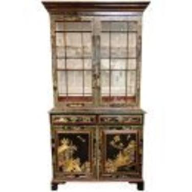 19th Century Black Lacquered Englished Bookcase with Chinoiserie Design