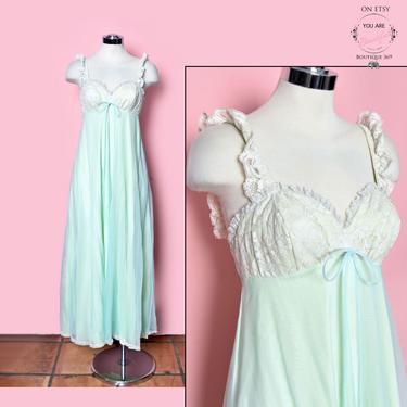 Vintage Blue Green Lingerie Nightgown Nighty PINUP sexy style 1960's, 1950's, 1970's, Long Dress Gown 