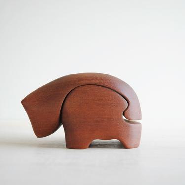 Vintage Deborah D Bump Cat or Bear Box in Teak Wood, Trinket Jewelry Puzzle Box, Mid Century Modern Figural Wood Box 