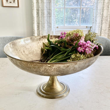 Large Centerpiece Bowl 20&amp;quot; Diameter Pedestaled Footed Vase Silver Metallic Patinated Wedding Decor 