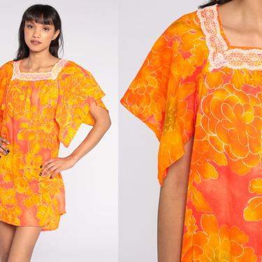 70s Boho Dress Mini Orange Floral Print Tunic Dress Hawaiian Caftan Hippie Tent Sleeve Angel Sleeve Summer 1970s Festival Vintage Medium 