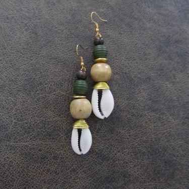 Cowrie shell earrings, bold wooden earrings, African Afrocentric earrings, seashell earrings, exotic ethnic earrings, earth tones khaki 