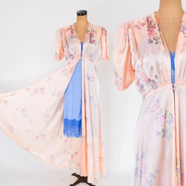 1940s Pastel Pink Printed Glazed Cotton Zip Front Robe 40s 