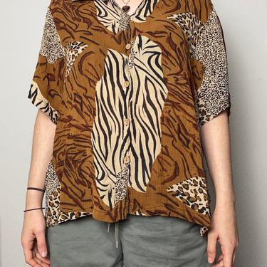 Vintage pattern block rayon short sleeve button down animal print neutral brown leopard cheetah zebra XL 