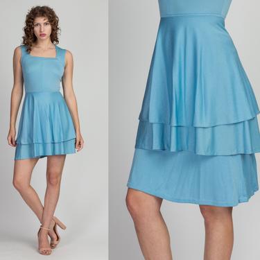 70s Blue Mini Dress & Tiered Mini Skirt Set - Extra Small | Vintage Square Neck Cap Sleeve Fit Flare Minidress 