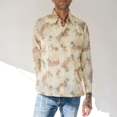 Vintage 70s Christian Dior Paris Tan Island &amp; Boat Print Button Up Shirt | 100% Cotton | Made in Panama | UNWORN | 1970s DIOR Designer Shirt 